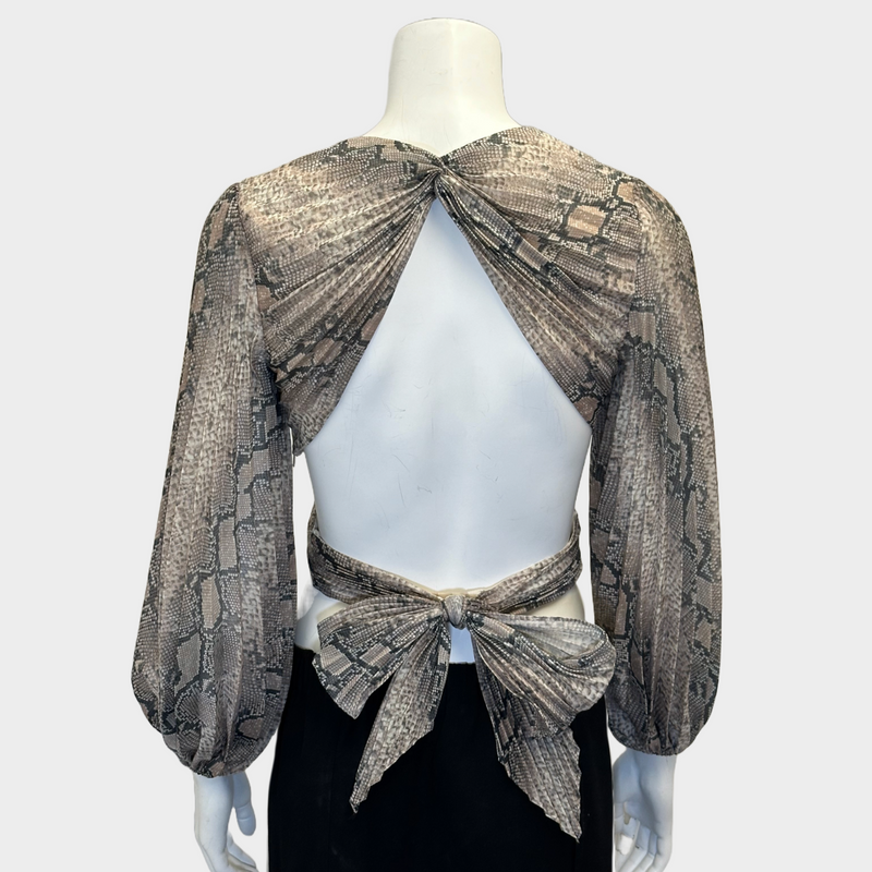 Zimmermann women's beige snake print pleated cropped long-sleeved top