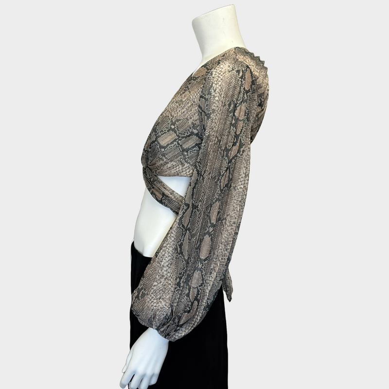 Zimmermann women's beige snake print pleated cropped long-sleeved top