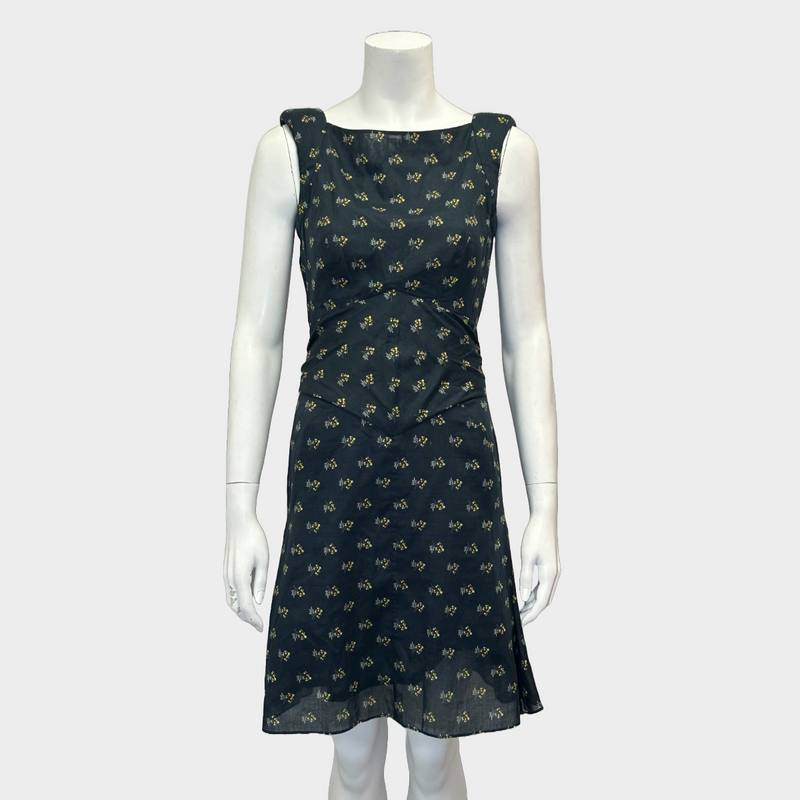 Chanel navy and yellow flower print cotton sleeveless dress