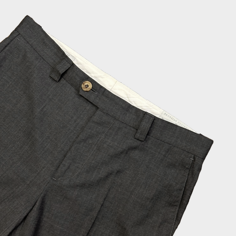 Brunello Cucinelli men's grey wool trousers with two back pockets
