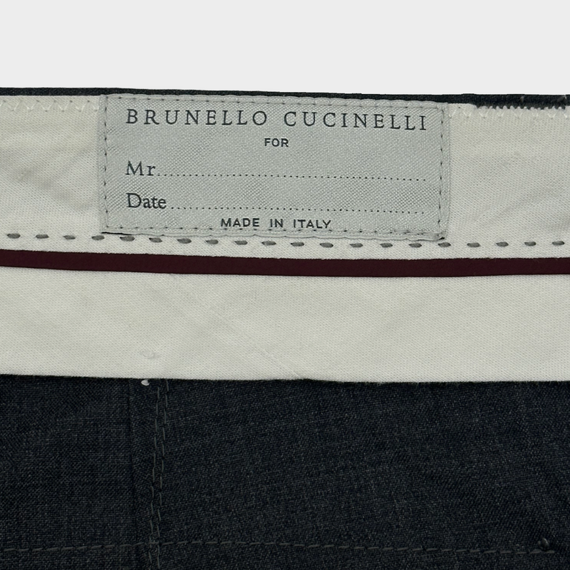 Brunello Cucinelli men's grey wool trousers with two back pockets