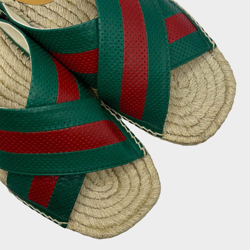 Gucci men's green and red striped leather/raffia sandals
