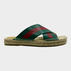 Gucci men's green and red striped leather/raffia sandals