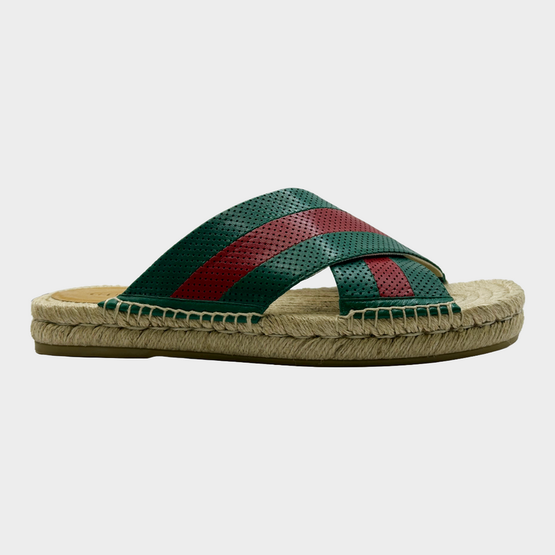 Gucci men's green and red striped leather/raffia sandals