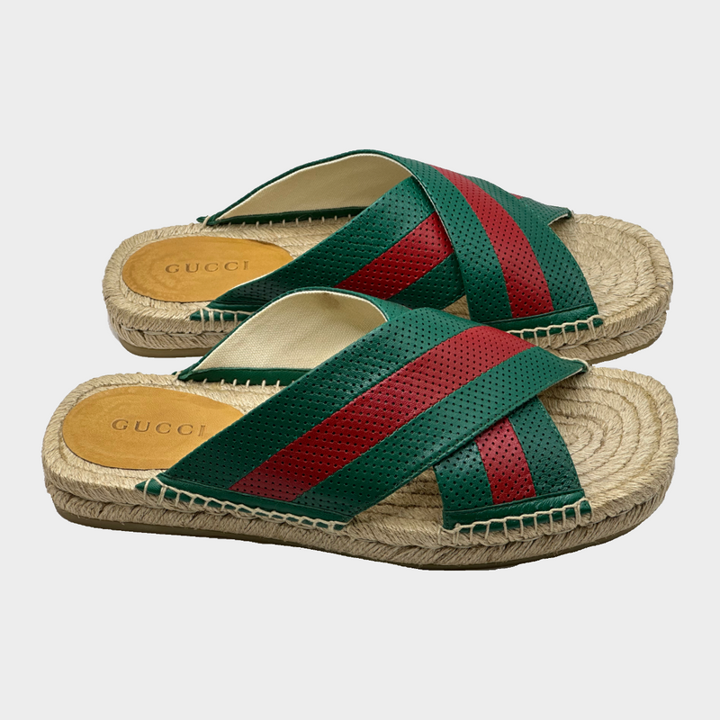 Gucci men's green and red striped leather/raffia sandals