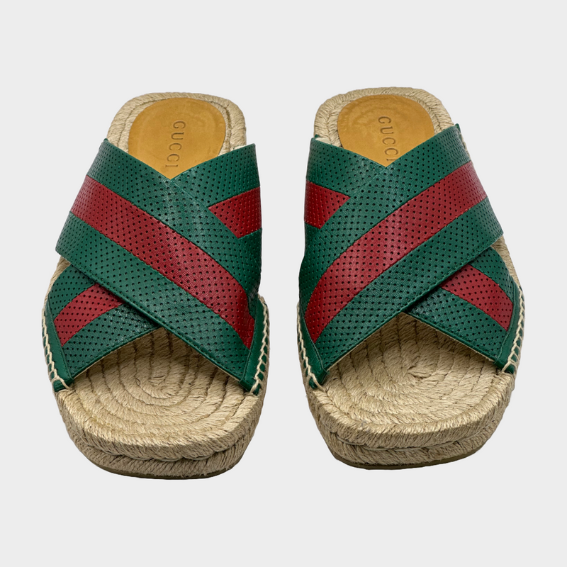 Gucci men's green and red striped leather/raffia sandals