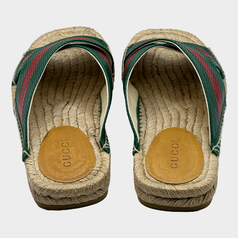 Gucci men's green and red striped leather/raffia sandals