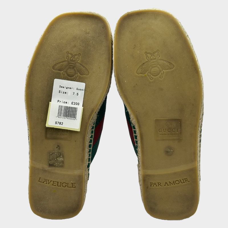 Gucci men's green and red striped leather/raffia sandals