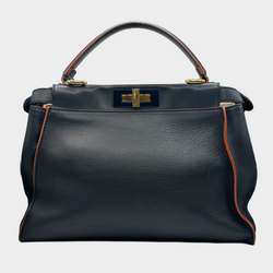 Fendi navy grained leather peekaboo bag with orange detail at the edges