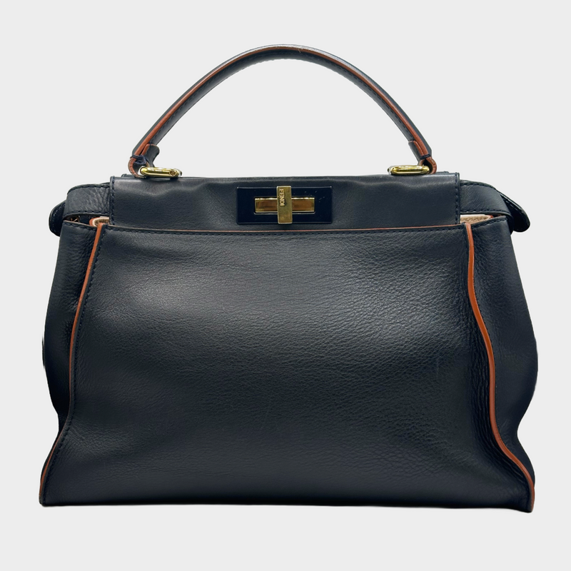 Fendi navy grained leather peekaboo bag with orange detail at the edges