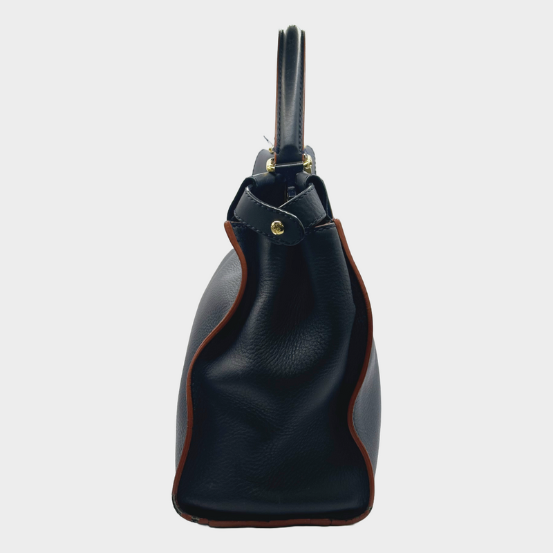 Fendi navy grained leather peekaboo bag with orange detail at the edges