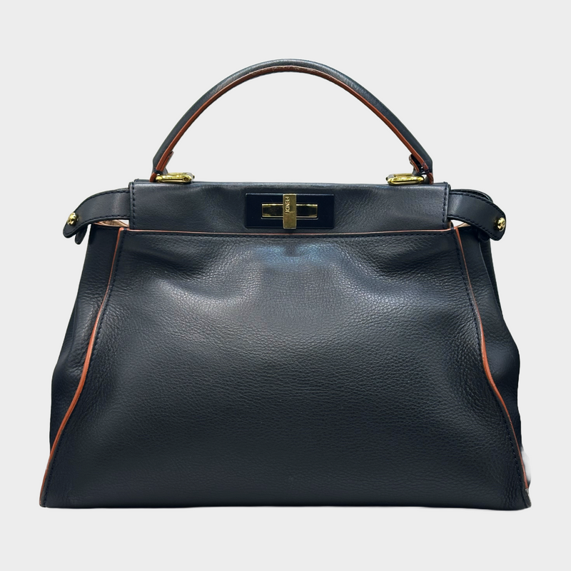 Fendi navy grained leather peekaboo bag with orange detail at the edges