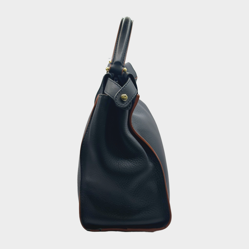 Fendi navy grained leather peekaboo bag with orange detail at the edges