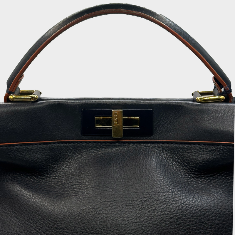 Fendi navy grained leather peekaboo bag with orange detail at the edges
