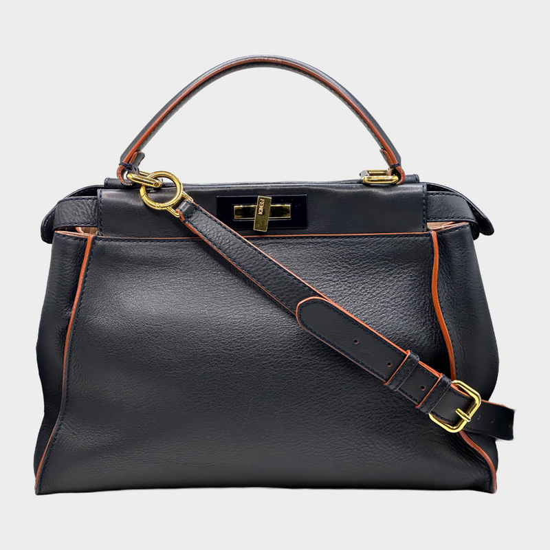 Fendi navy grained leather peekaboo bag with orange detail at the edges