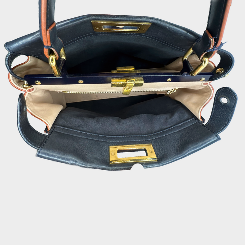 Fendi navy grained leather peekaboo bag with orange detail at the edges