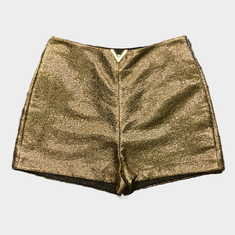 Valentino gold metallic shorts with V detail at the front