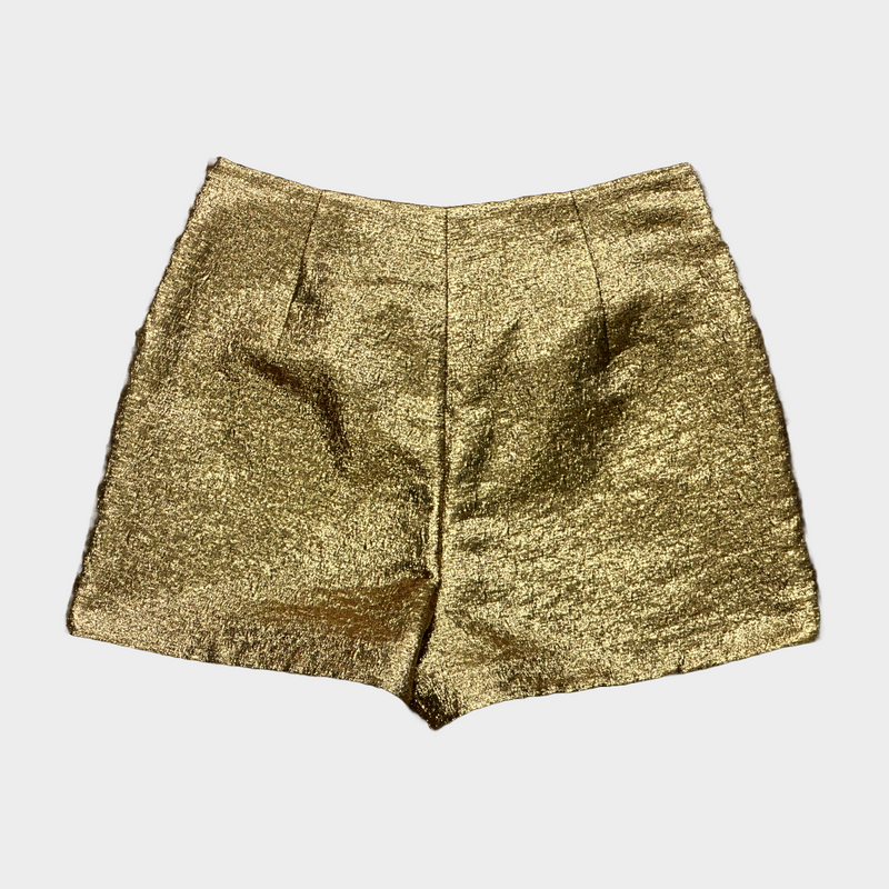 Valentino gold metallic shorts with V detail at the front