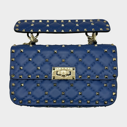 Valentino women's blue leather rockstud spike embellished handbag on silver chain