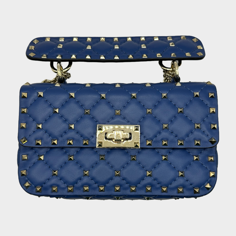 Valentino women's blue leather rockstud spike embellished handbag on silver chain