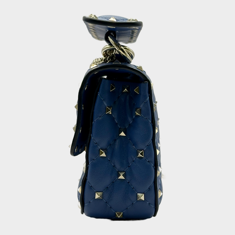 Valentino women's blue leather rockstud spike embellished handbag on silver chain