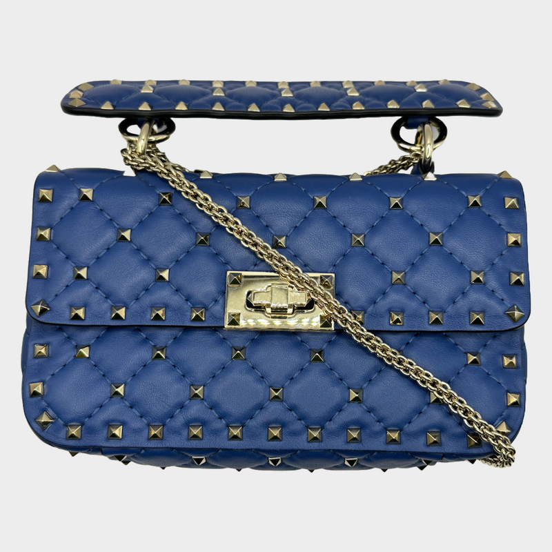 Valentino women's blue leather rockstud spike embellished handbag on silver chain