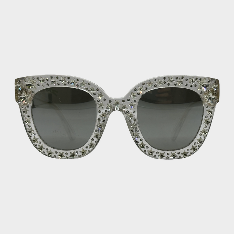 Gucci women's clear acetate square sunglasses with star rhinestones embellishments
