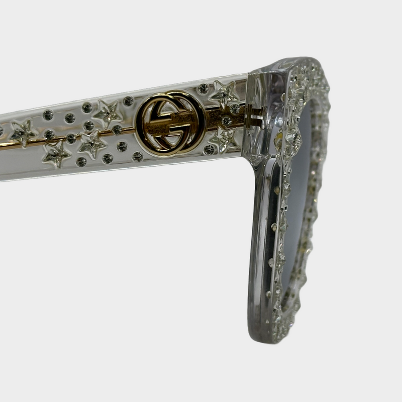 Gucci women's clear acetate square sunglasses with star rhinestones embellishments