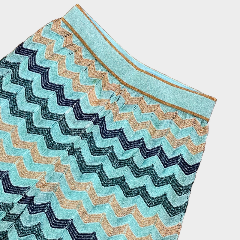 M Missoni women's turquoise zig zag metallic knit viscose wide leg trousers
