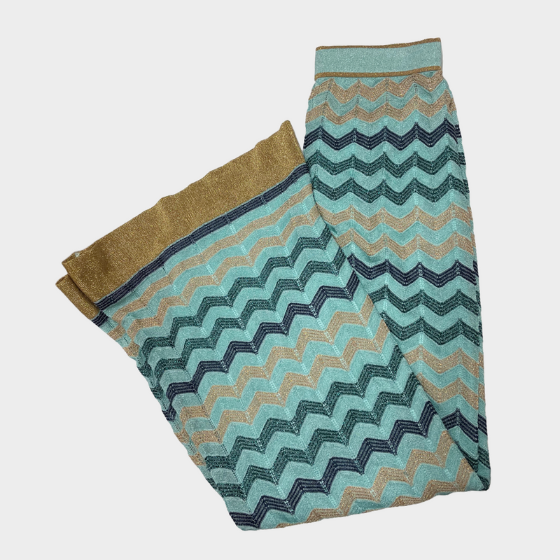 M Missoni women's turquoise zig zag metallic knit viscose wide leg trousers