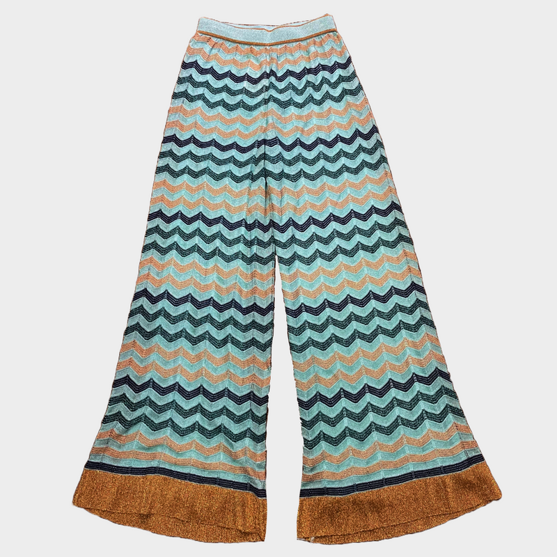 M Missoni women's turquoise zig zag metallic knit viscose wide leg trousers