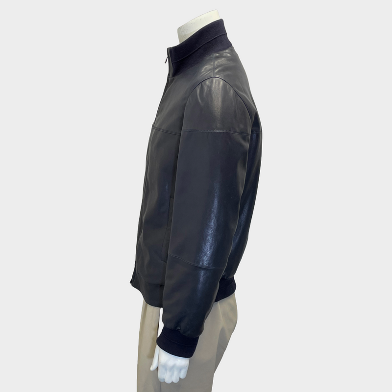 Brunello Cucinelli men's navy leather zip-up jacket