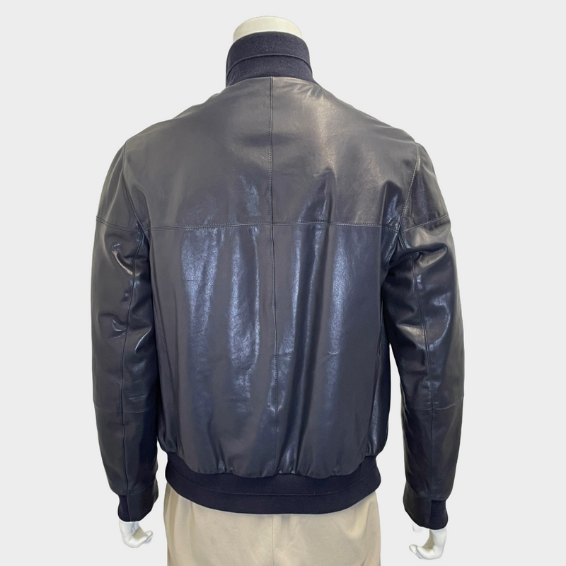 Brunello Cucinelli men's navy leather zip-up jacket
