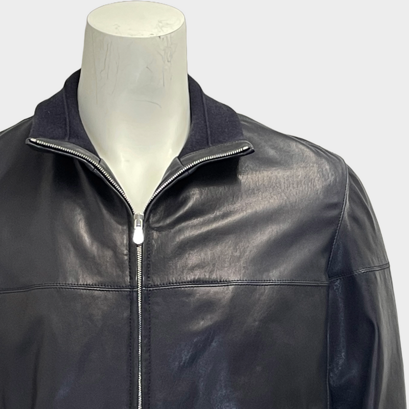 Brunello Cucinelli men's navy leather zip-up jacket