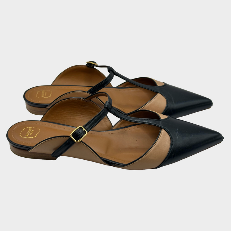 Malone Souliers women's nude and black leather open back flats