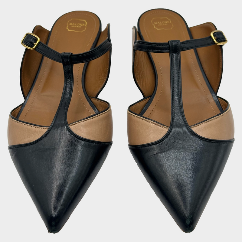 Malone Souliers women's nude and black leather open back flats