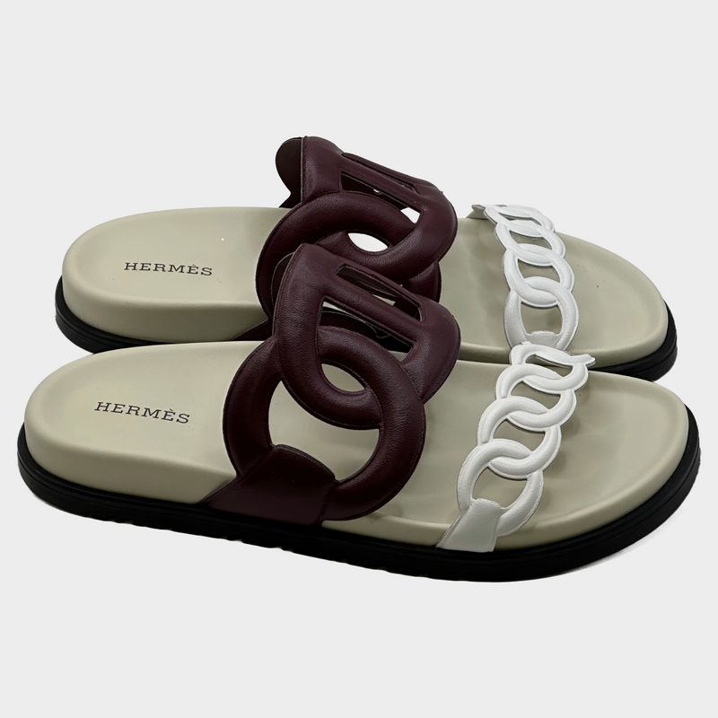 Hermes women's burgundy and white leather Extra sandals