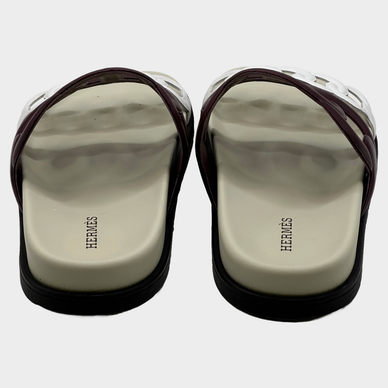 Hermes women's burgundy and white leather Extra sandals