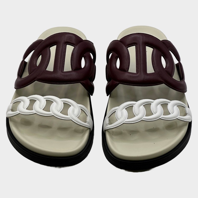 Hermes women's burgundy and white leather Extra sandals