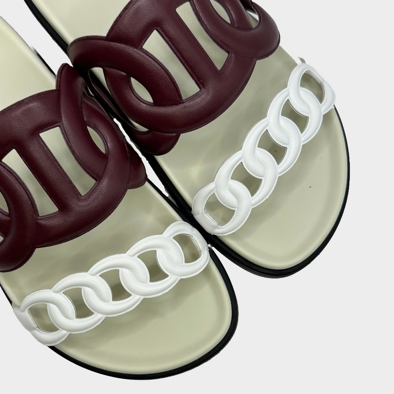 Hermes women's burgundy and white leather Extra sandals