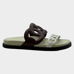 Hermes women's burgundy and white leather Extra sandals