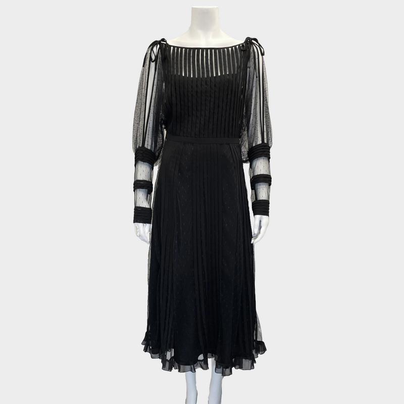 Red Valentino women's black mesh pleated long-sleeve maxi dress