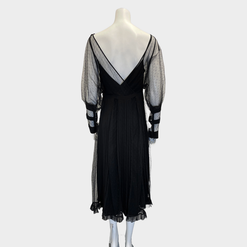 Red Valentino women's black mesh pleated long-sleeve maxi dress