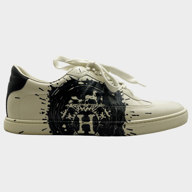 Hermes women's black and white splash print leather sneakers