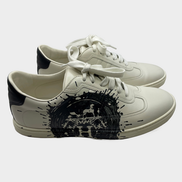 Hermes women's black and white splash print leather sneakers