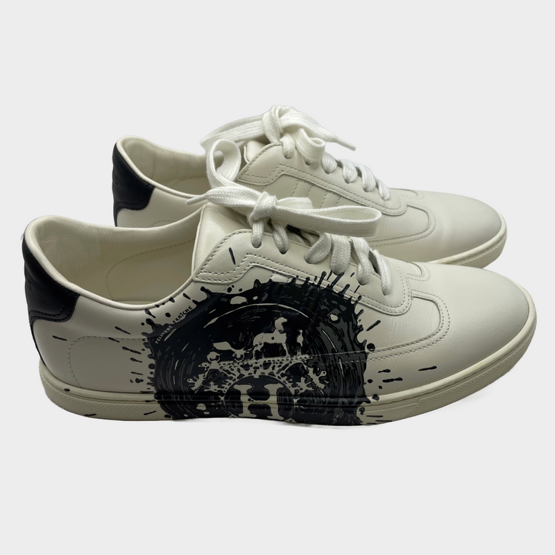Hermes women's black and white splash print leather sneakers