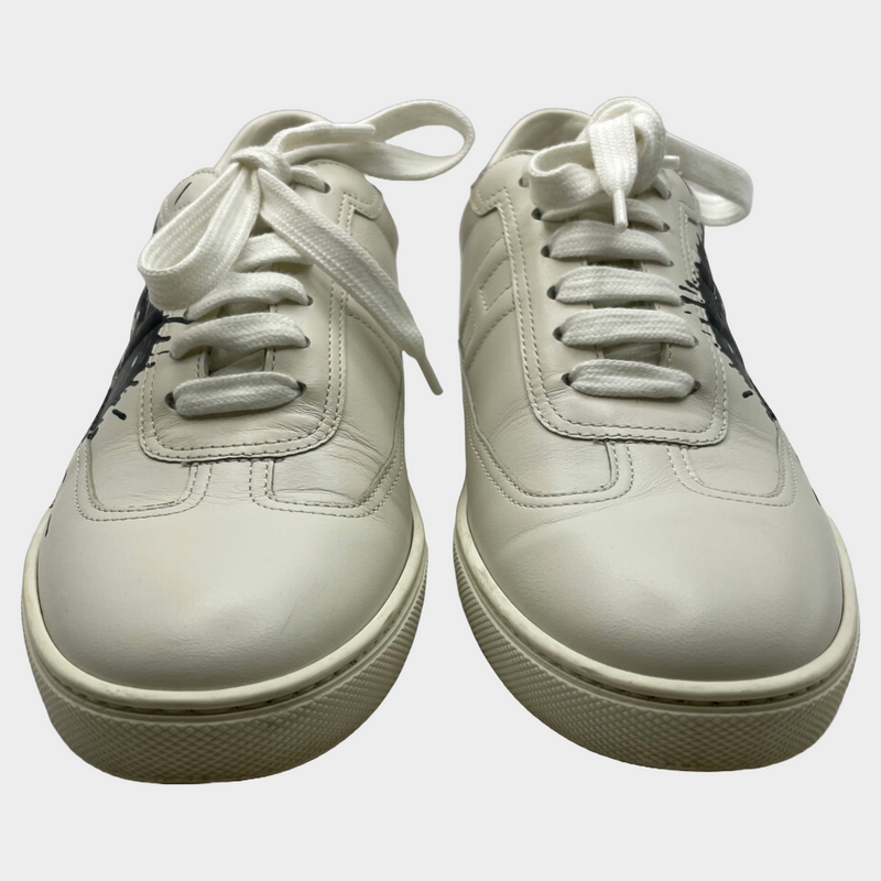 Hermes women's black and white splash print leather sneakers