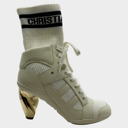 Christian Dior white leather and knitted fabric trainers style heeled ankle boots