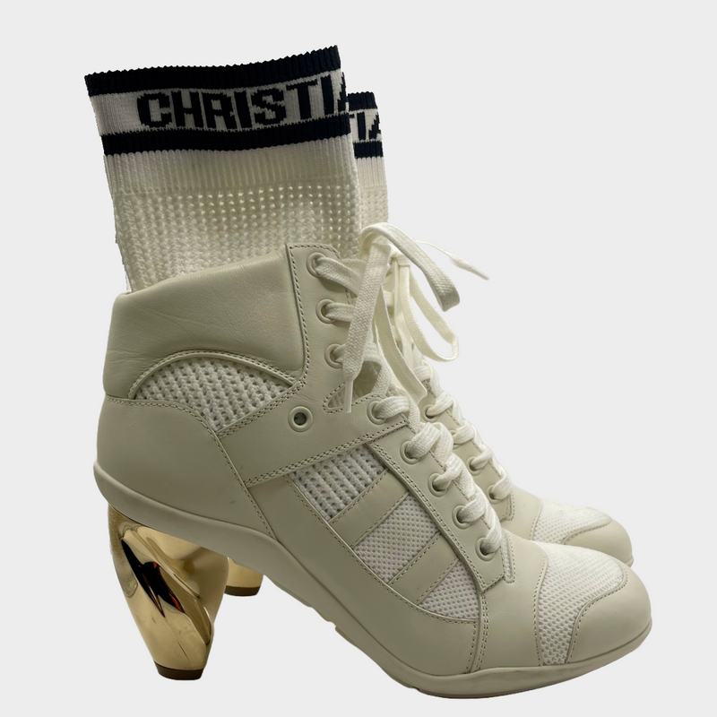 Christian Dior white leather and knitted fabric trainers style heeled ankle boots