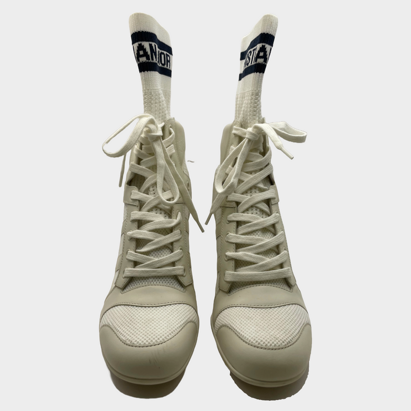 Christian Dior white leather and knitted fabric trainers style heeled ankle boots